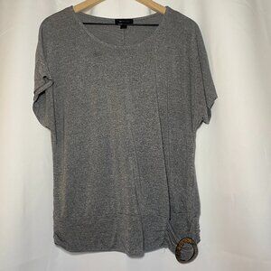 AB Studio Scoop Neck Womens L Shirt Grey Belt Buckle Bat Wing Sleeve Stretch EUC